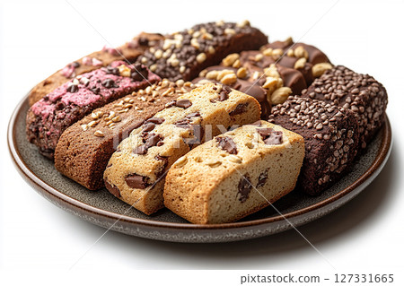 Variety of bakes and cookies in ceramic plate on a white background. 127331665