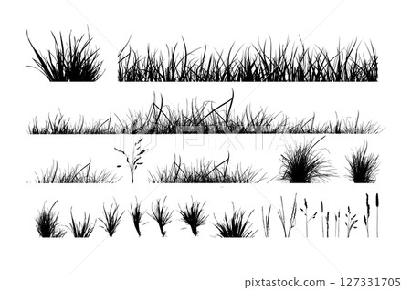 Set of horizontal banners of meadow silhouettes with grass. hand drawn. Not AI, Vector illustration 127331705