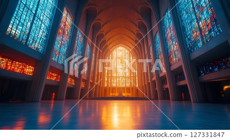 The Majestic Interior of a Cathedral, Adorned with Stunning Stained Glass Windows 127331847