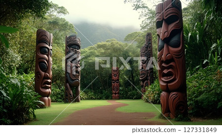 Explore the captivating ancient totem poles in a lush jungle full of life and beauty 127331849