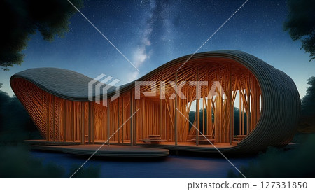 A Stunning Architectural Marvel A Contemporary Wooden Structure Captivatingly Illuminated at Night 127331850