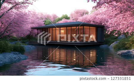 Modern Serenity A Tranquil Waterside House Surrounded by Cherry Blossoms in Springtime Modern Serenity A Tranquil Waterside House Surrounded by Cherry Blossoms in Springtime 127331851