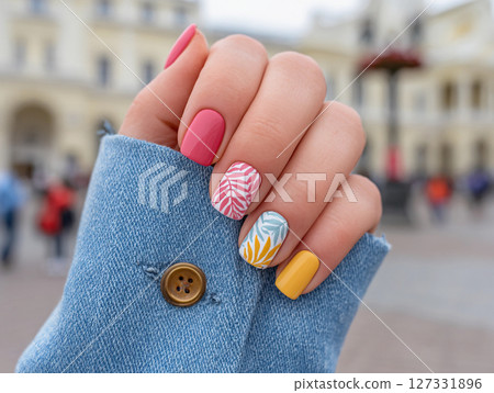 Woman displays summer-themed manicure on hand wearing a denim jacket while standing in city square 127331896