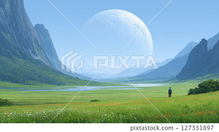 Standing figure in lush valley gazing at giant celestial object in dreamy landscape 127331897