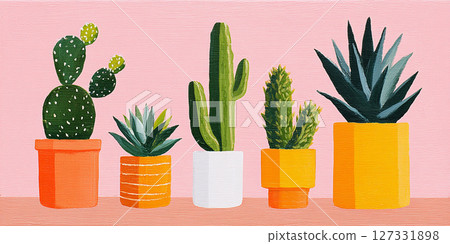 Grouping of potted cactus plants, displayed on a shelf against pink background, with diverse cacti and succulent varieties 127331898
