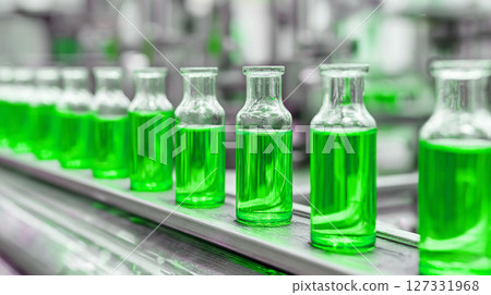 Glass bottles filled with green liquid move along a conveyor belt during the manufacturing process in a factory or laboratory 127331968