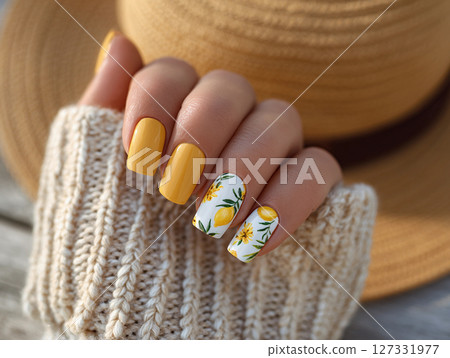 Woman's hand displaying stylish manicure with yellow and lemon designs near a straw hat Woman's hand displaying stylish manicure with yellow and lemon designs near a straw hat 127331977