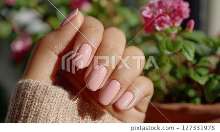 Woman's hand with light pink nail polish posed in front of a pink flower bush in natural sunlight 127331978