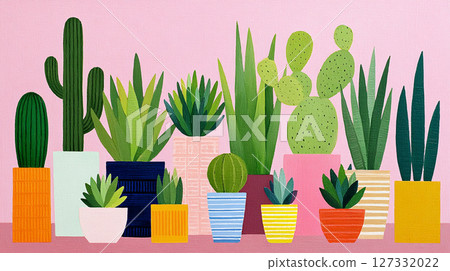 Various potted cacti and succulent plants line a pink wall, presented as a colorful flat illustration or painting in a modern style 127332022