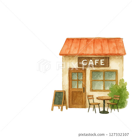Watercolor cafe exterior illustration with terrace seating (cutout PNG) 127332107