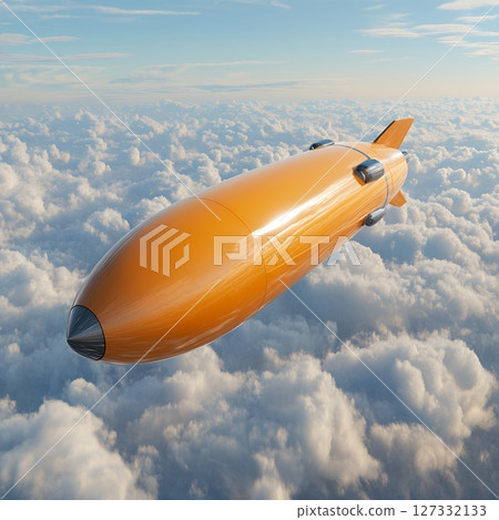 Orange Airship Soaring Above Fluffy White Clouds 127332133