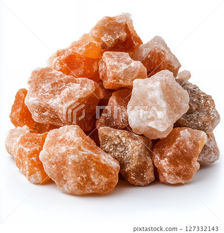 Orange And Pink Himalayan Rock Salt Crystals Pile On White Background 127332143