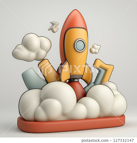 Orange and Yellow Stylized Rocket Launching Through Clouds 3D Render 127332147