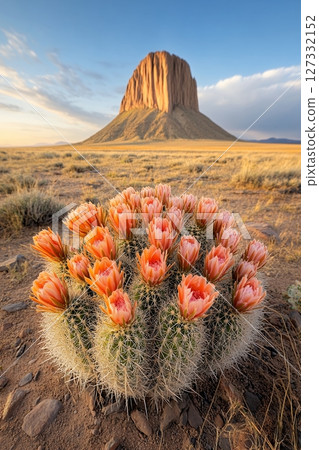 Orange Cactus Blooms Against Desert Butte at Sunset 127332152