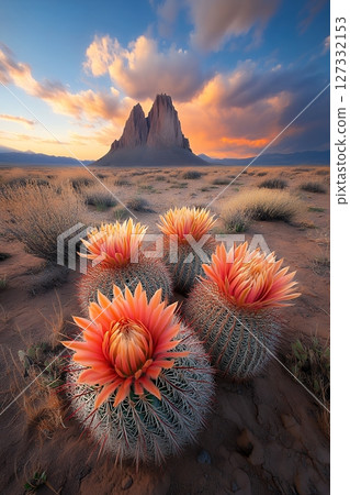Orange Cactus Blossoms at Sunset in the Desert 127332153