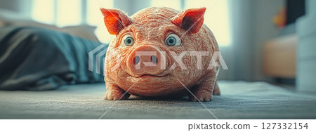 Orange Ceramic Pig Figurine With Blue Eyes On A Grey Carpet In Cozy Interior Background 127332154