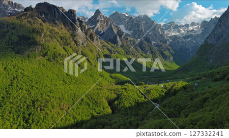 Rocky snow mountains before sunset aerial Rocky snow mountains before sunset aerial 127332241
