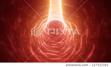 Intense red and orange glowing tunnel visual with radiant energy lines, resembling a plasma or bio-energy conduit 127332383