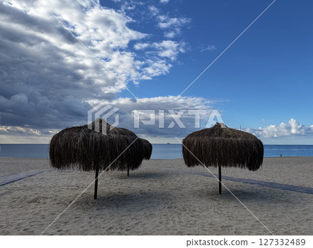 Beach chair sunset. High quality photo 127332489