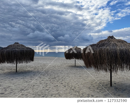 Beach chair sunset. High quality photo Beach chair sunset. High quality photo 127332590