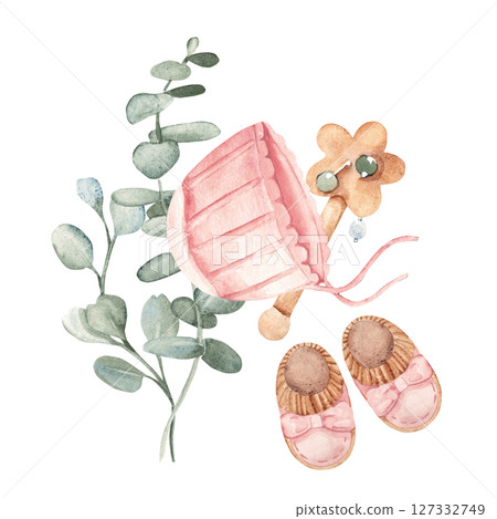 Baby Girl composition in eco style. Pink Bonnet and Booties with wooden Rattle and eucalyptus bouquets. Hand drawn Watercolor illustration of Newborn Accessories isolated on a white background. For 127332749