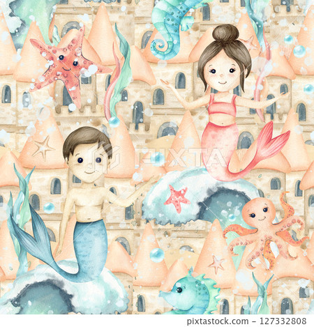 Mermaids girl boy on crest of wave, underwater castles, seahorse, octopus, starfish seamless pattern. Watercolor children's illustration isolated on seascape. Cute kids design for textile, packaging 127332808