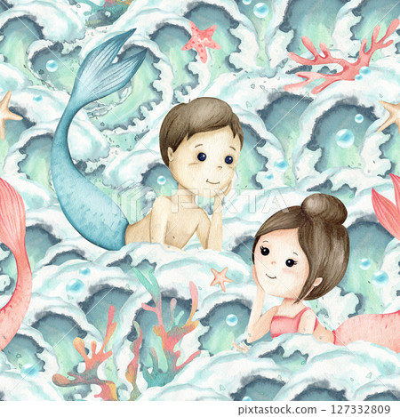 Mermaids little girl, boy lie on crest of wave with corals, bubbles seamless pattern. Watercolor children's illustration isolated on seascape. Couple in love of kids for textile, interior design 127332809