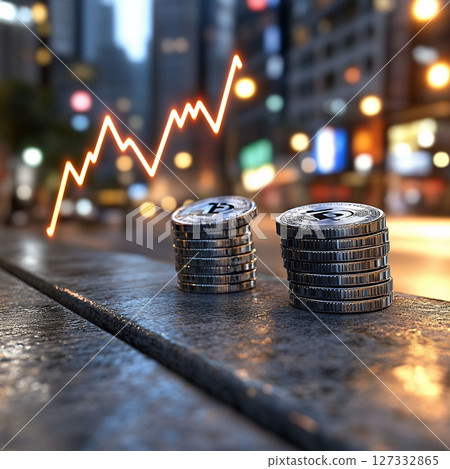 Stacked silver coins with rising financial graph in cityscape 127332865