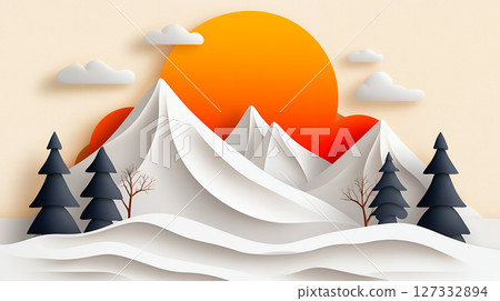 Bright orange sun over snowy mountains with trees 127332894