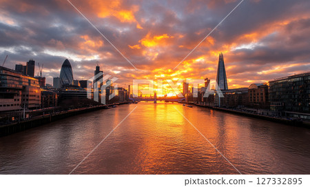 Orange sunset cityscape reflected in river water 127332895