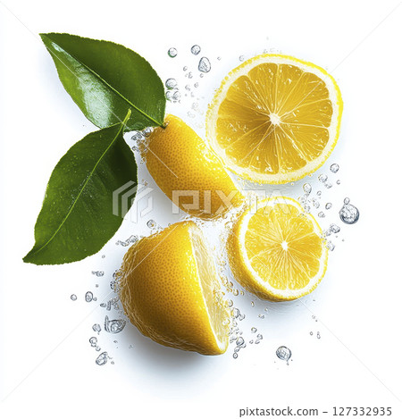 Fresh sliced lemons with green leaves and water droplets 127332935