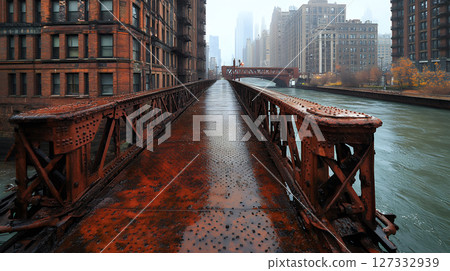 Rustic red metal bridge over canal in city during snowfall 127332939