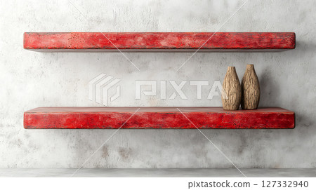 Rustic red shelves with vases against textured wall Rustic red shelves with vases against textured wall 127332940