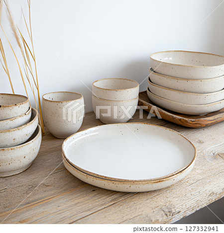 Rustic ceramic tableware on wooden surface, perfect for dining 127332941