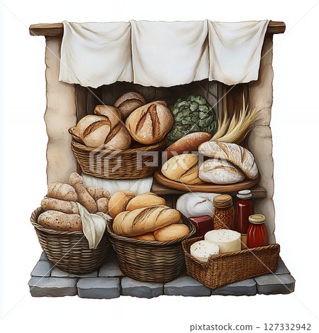 Rustic still life of breads and preserves in stone setting 127332942