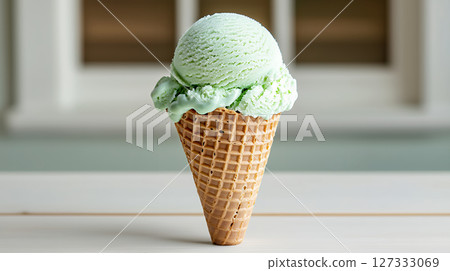Light green ice cream scoop in waffle cone, delightful treat 127333069