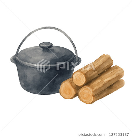 Dutch oven and firewood, camping cooking set watercolor illustration 127333187