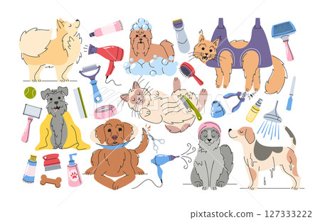 Pet grooming service set with happy satisfied domestic animals enjoying beauty and hygiene procedure Pet grooming service set with happy satisfied domestic animals enjoying beauty and hygiene procedure 127333222