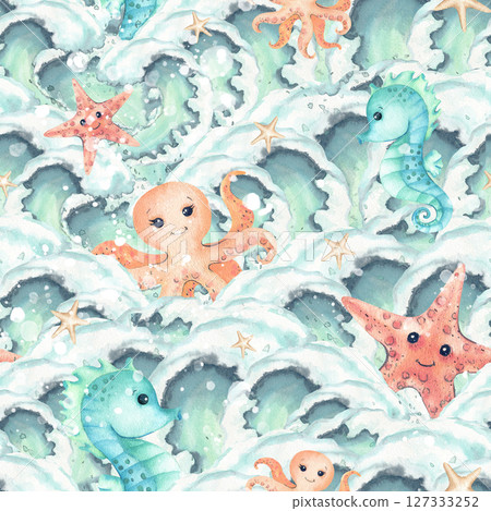 Octopus Starfish Seahorse characters on wave crests seamless pattern. Watercolor stars and white splashes isolated illustration. Personage in sea style, marine underwater mollusks cartoon kids design Octopus Starfish Seahorse characters on wave crests seamless pattern. Watercolor stars and white splashes isolated illustration. Personage in sea style, marine underwater mollusks cartoon kids design 127333252