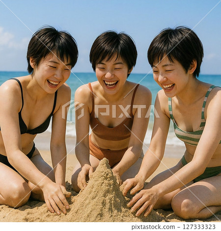 Generate a scene of three people laughing while building a sandcastle in the sunshine 127333323