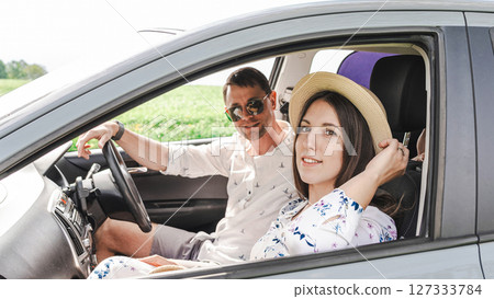 Child in car. Family vacation trip road. Seat travel freedom summer. Child in car. Family vacation trip road. Seat travel freedom summer. 127333784