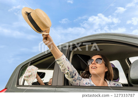 Family with child. Travel by car journey. Luggage sunshine weekend cheerful. Family with child. Travel by car journey. Luggage sunshine weekend cheerful. 127333787