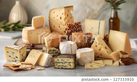 Group of various cheeses including gruyere, provolone, parmigiano-reggiano, cheddar, and more 127333910