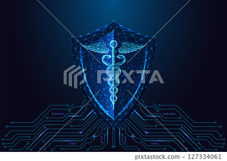 AI healthcare shield with caduceus and circuit board, digital protection medical tech illustration 127334061