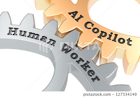 AI copilot and human worker gears. Symbolizing collaboration between artificial intelligence and humans. 3D rendering AI copilot and human worker gears. Symbolizing collaboration between artificial intelligence and humans. 3D rendering 127334149