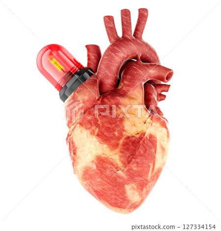 Heart with emergency siren. Urgent medical care, cardiology crisis or warning concept. 3D rendering 127334154