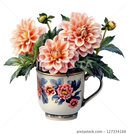 Beautiful dahlia flowers in decorative cup, showcasing vibrant colors and intricate details, perfect for floral enthusiasts and 127334188