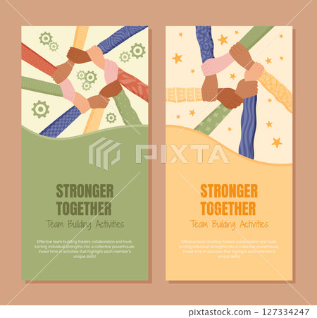Flat teamwork banner with a set of diverse hands raised in unity. Multicultural group supporting a community with focus on solidarity and aid. Colorful concept for team and social themes. 127334247