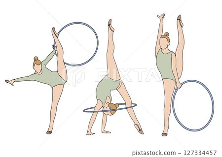 Young girls professional rhythmic gymnasts with hoops in doodle style. Colored hand drawn illustration. White background. Elegant slim girl with hoop - rhythmic gymnast. Sportswoman with equipment 127334457