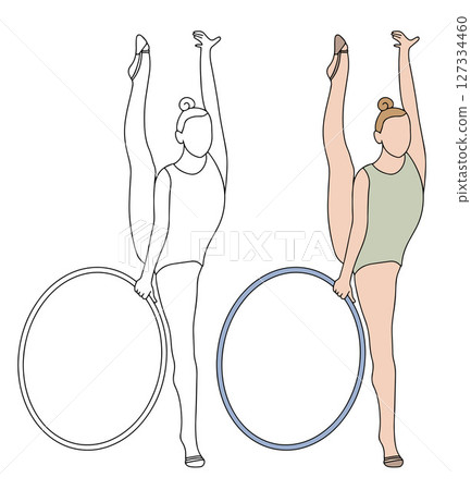 Elegant slim girl with hoop - rhythmic gymnast. Sportswoman with equipment in doodle style. Black and white and Color hand drawn illustration. White background. Vector 127334460
